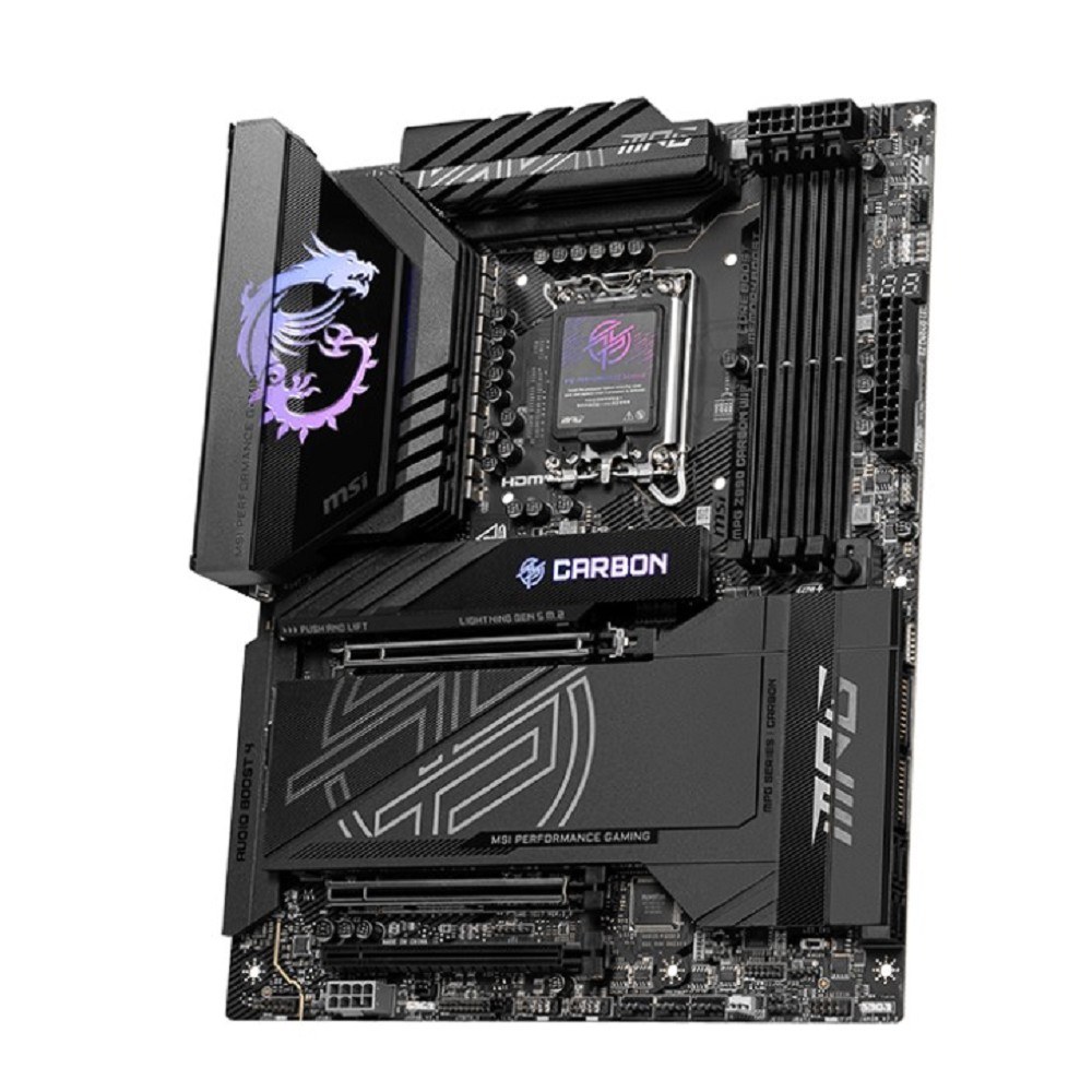 Фото Материнская плата MSI MPG Z890 CARBON WIFI, LGA 1851, Intel Z890, 4xDDR5, 4xSATA, 5xM.2, 1xPCI-E 5.0 x16, 1xPCI-E 5.0 x8, 1xPCI-E 4.0 x4, 1xHDMI, 2xUSB-C Thunderbolt 4, 1xUSB-C 3.2 Gen 2, 10xUSB-A 3.2 Gen 2, 2x 5Gb LAN, 2x3.5 мм, 7.1, ATX