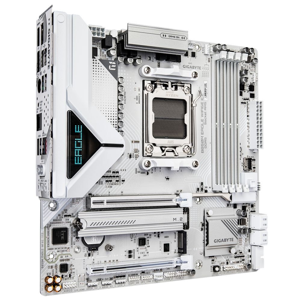 Фото Материнская плата Gigabyte B850M EAGLE WIFI6E ICE, AM5, AMD B850, 4xDDR5, 4xSATA, 2xM.2, 1xPCIe 5.0 x16, 1xPCIe 3.0 x4, 1xHDMI, 2xDP, 1x2.5Gb LAN, Wi-Fi 6E, Bluetooth 5.3, 1xUSB-C 10Gbps, 1xUSB-A 10Gbps, 2xUSB-A 5Gbps, 4xUSB-A 2.0, 3x3.5 мм, 7.1, mATX