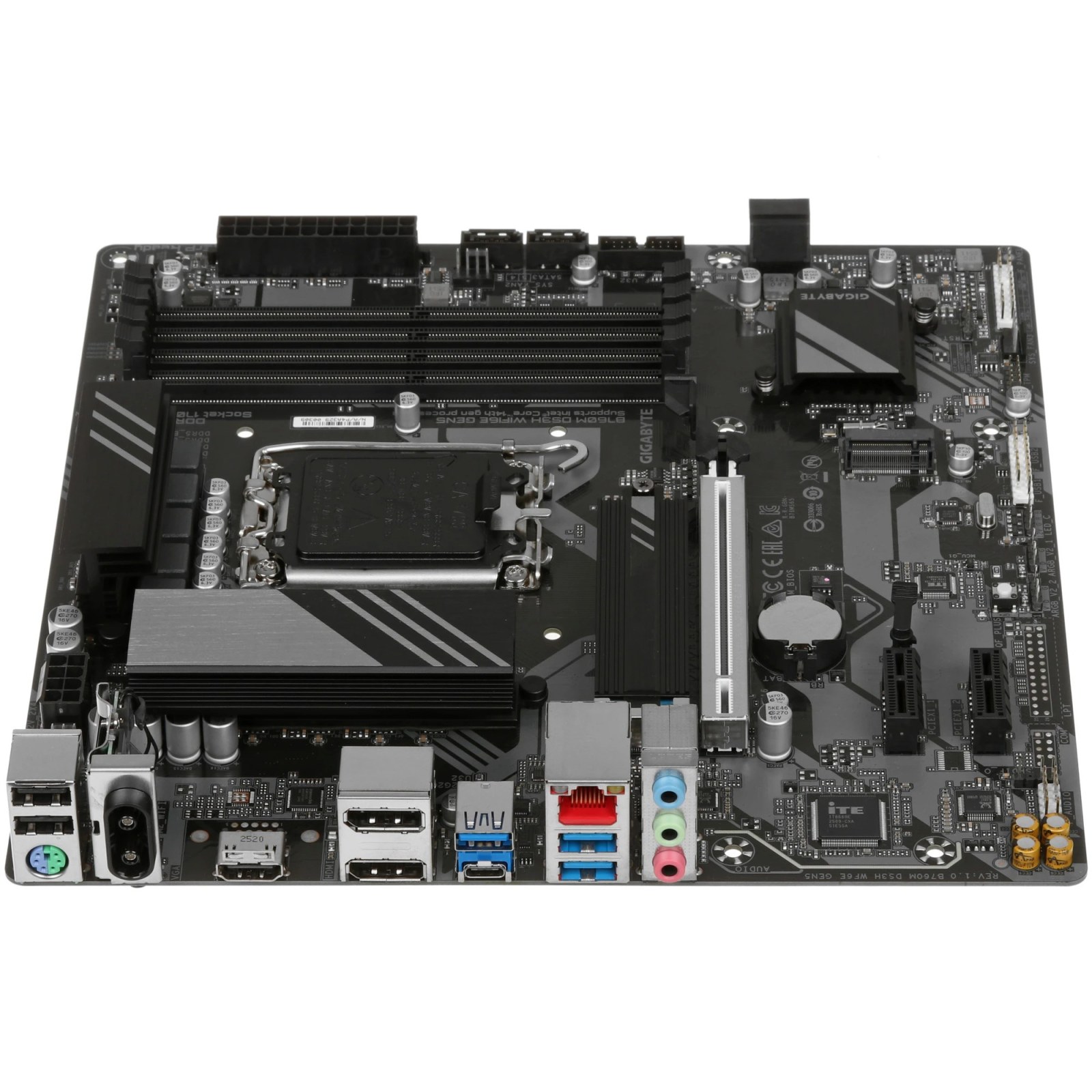 Фото Материнская плата Gigabyte B760M DS3H WIFI6E GEN5, LGA1700, Intel B760, 4xDDR5, 4xSATA, 2xM.2, 1xPCIe 5.0 x16, 2xPCIe 4.0 x1, 1xHDMI, 2xDP, 1x2.5Gb LAN, Wi-Fi 6E, Bluetooth 5.3, 1xUSB-C 10Gbps, 3xUSB-A 5Gbps, 2xUSB-A 2.0, 3x3.5 мм, 7.1, mATX