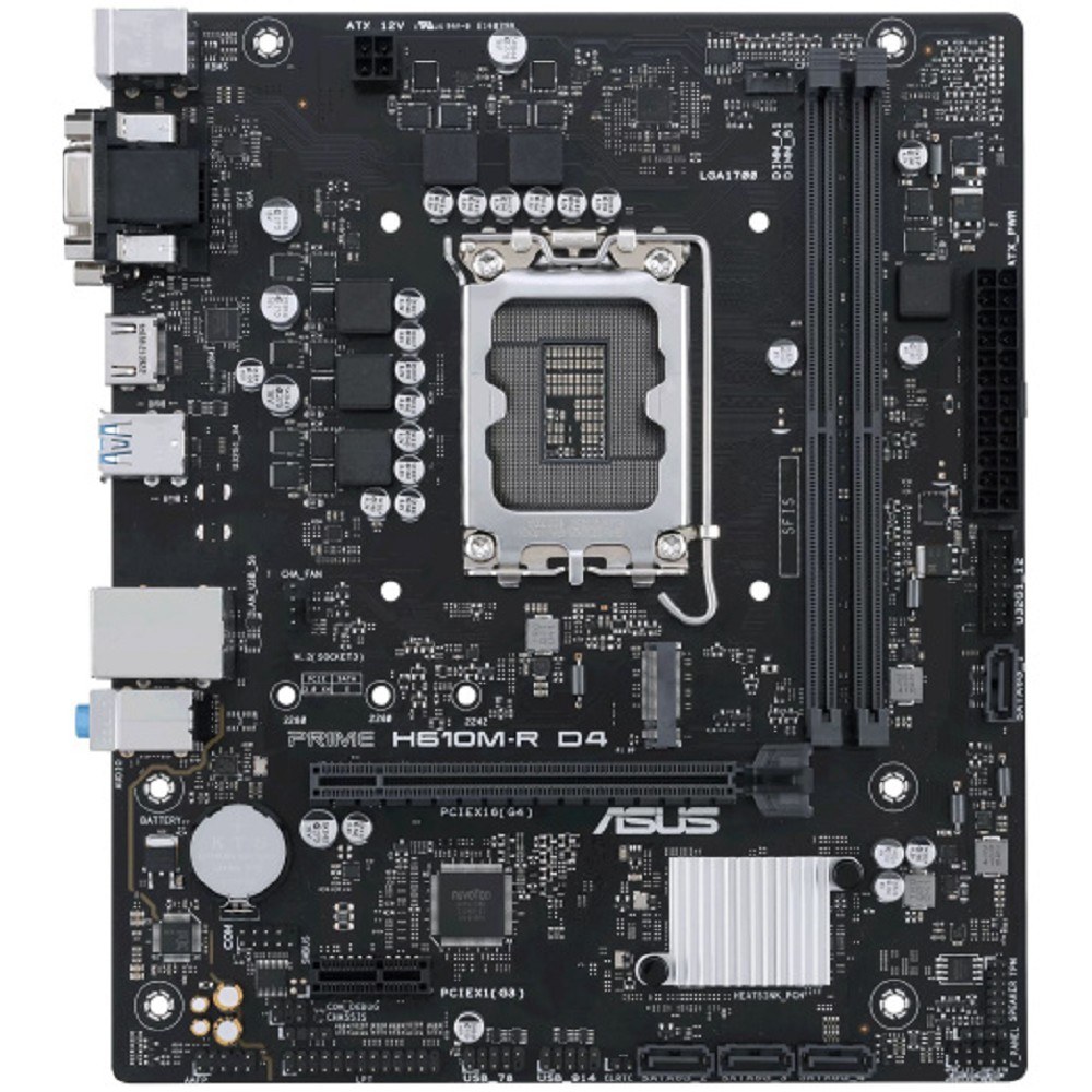 Фото Материнская плата ASUS PRIME H610M-R D4-SI, LGA 1700, Intel H610, 2xDDR4, 4xSATA, 1xM.2 PCIe 3.0 x4, 1xPCIe 4.0 x16, 1xPCIe x1, 1xHDMI, 1xDVI, 1xVGA, 2xUSB-A 2.0, 2xUSB-A 3.2 Gen 1, 1x 1Gb LAN, 3x3.5 мм, 7.1, mATX