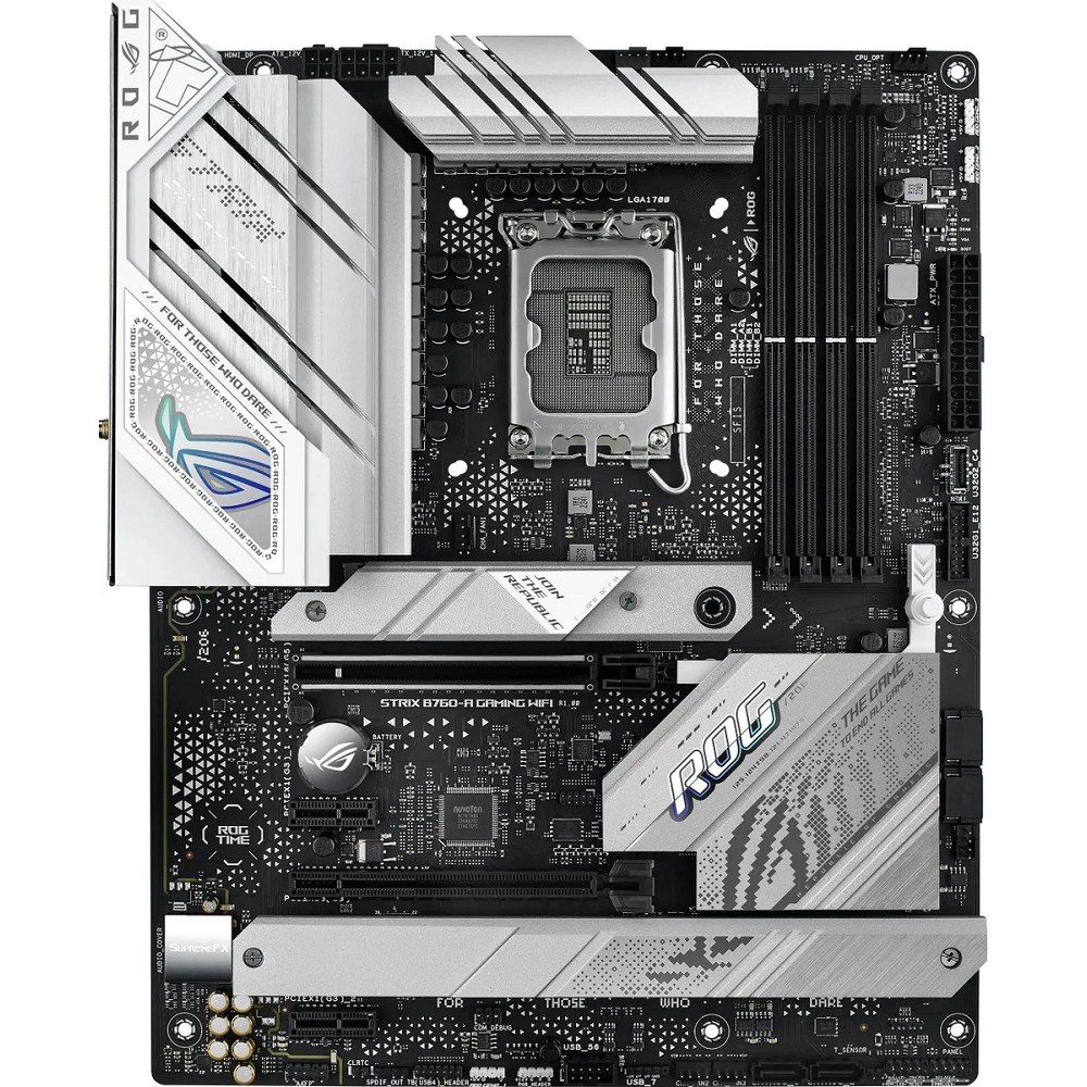 Фото Материнская плата ASUS ROG STRIX B760-A GAMING WIFI, LGA 1700, Intel B760, 4xDDR5, 4xSATA, 3xM.2, 1xPCIe 5.0 x16, 1xPCIe 3.0 x4, 1xHDMI, 1xDP, 1x 2.5Gb LAN, 1xUSB-A 3.2 Gen 2, 2xUSB-A 3.2 Gen 1, 4xUSB 2.0, 5x3.5 мм, 7.1, Standard-ATX
