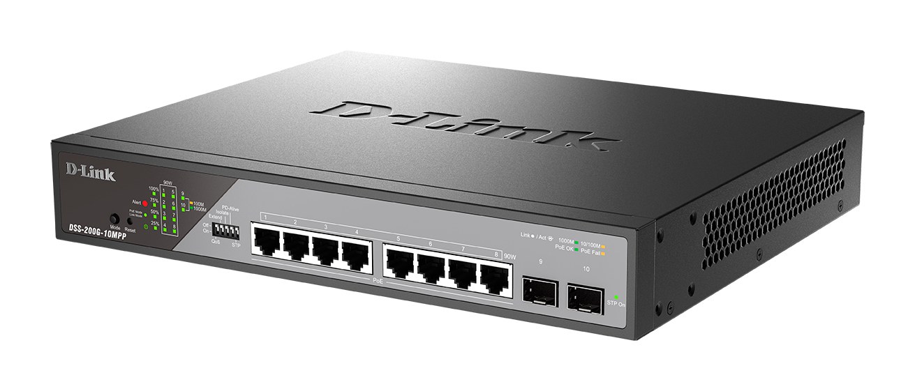 Фото Коммутатор сетевой Smart L2 Surveillance Switch 8х1000Base-T PoE 802.3bt 90W, 2x1000Base-X SFP, PoE Budget 242W, Long-range PoE up to 250m
