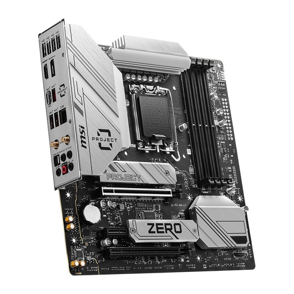Фото Материнская плата MSI B760M PROJECT ZERO,(Обратное подключение разъемов) LGA 1700, Intel B760, 4xDDR5, 4xSATA, 2xM.2, 1xPCIe 5.0 x16, 1xPCIe 4.0 x4, 1xPCIe x1, 1xHDMI, 1xDP, 3xUSB 3.2 Gen 2, 4xUSB 2.0, 1xUSB 3.2 Gen 2x2, 1x 2.5Gb LAN, 5x3.5 мм, 7.1, mATX