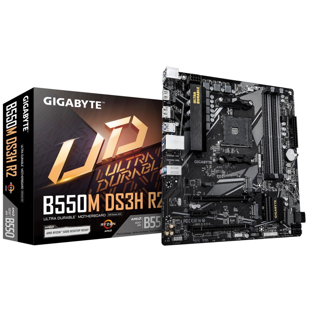 Фото Материнская плата Gigabyte B550M DS3H R2, AM4, AMD B550, 4xDDR4, 4xSATA, 2xM.2, 1xPCIe 4.0 x16, 1xPCIe 3.0 x4, 1xPCIe 3.0 x1, 1xDP, 1xHDMI, 1x1Gb LAN, 4xUSB-A 5Gbps, 2xUSB-A 2.0, 3x3.5 мм, 7.1, mATX