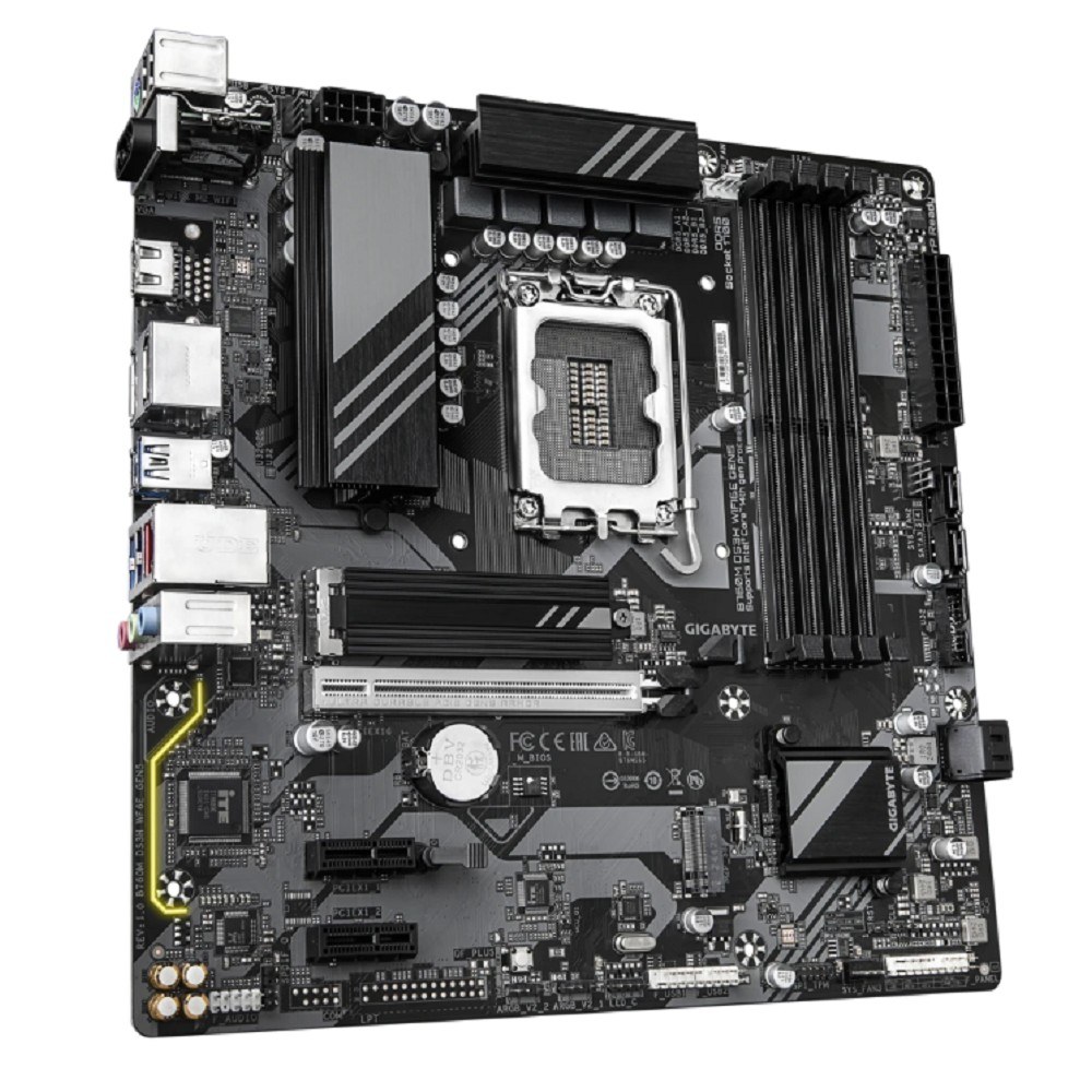 Фото Материнская плата Gigabyte B760M DS3H WIFI6E GEN5, LGA1700, Intel B760, 4xDDR5, 4xSATA, 2xM.2, 1xPCIe 5.0 x16, 2xPCIe 4.0 x1, 1xHDMI, 2xDP, 1x2.5Gb LAN, Wi-Fi 6E, Bluetooth 5.3, 1xUSB-C 10Gbps, 3xUSB-A 5Gbps, 2xUSB-A 2.0, 3x3.5 мм, 7.1, mATX