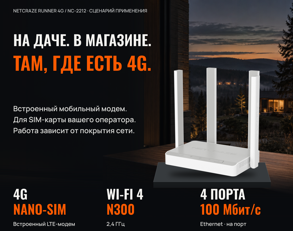 Фото Маршрутизатор NETCRAZE Runner 4G (NC-2212) + Мегафон, 300 Мбит/с,