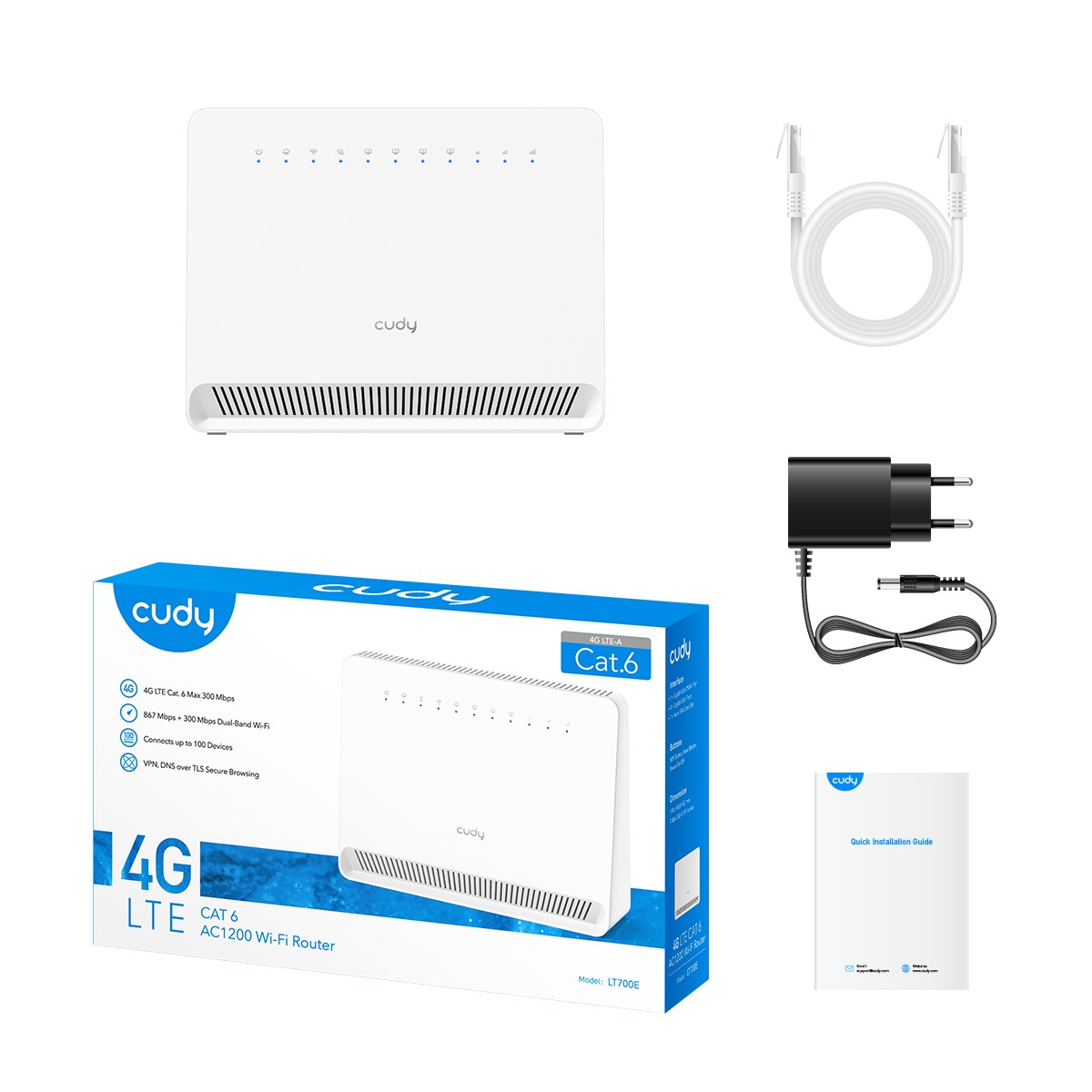 Фото Маршрутизатор AC1200 Wi-Fi 4G LTE Cat 6 Gigabit Router, 4 10/100/1000M RJ45 Ports, Nano SIM Slot, Quectel module inside,build-in 4G LTE modem, 300Mbps at 2.4GHz + 867Mbps at 5GHz, Internal Antennas, PPTP/L2TP/OpenVPN/WireGuard VPN, DNS over Cloudflare/Goo