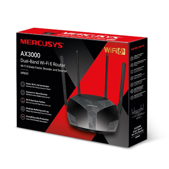Фото Двухдиапазонный роутер MERCUSYS MR80X AX3000 Wi-Fi 6, до 574 Мбит/с на 2,4 ГГц + до 2402 Мбит/с на 5 ГГц,4 фиксированные внешние антенны, 3 гигабитных порта LAN, 1 гигабитный порт WAN