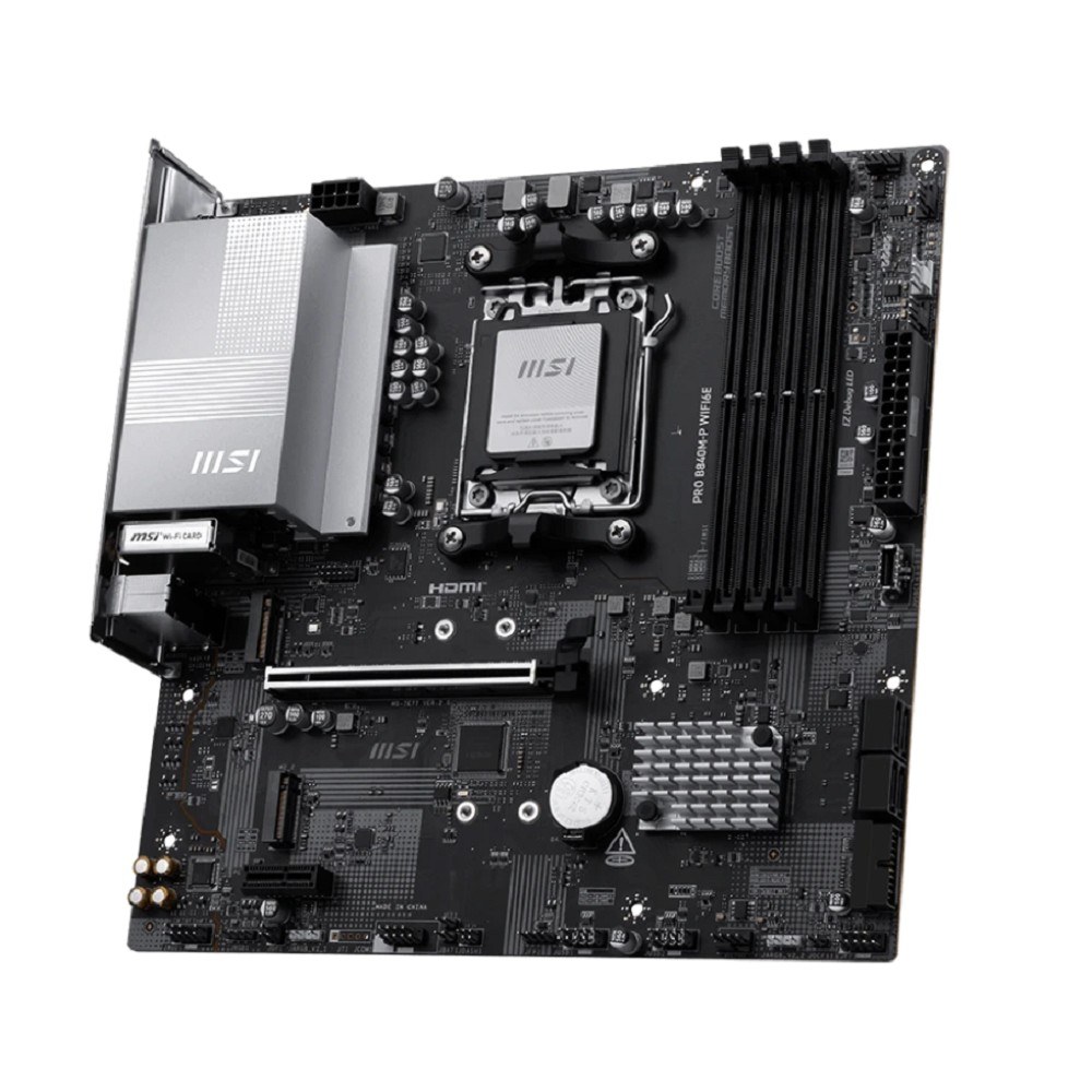 Фото Материнская плата MSI PRO B840M-P WIFI6E, AM5, AMD B840, 4xDDR5, 4xSATA, 2xM.2, 1xPCIe 4.0 x16, 1xPCIe 3.0 x1, 1xHDMI, 1x2.5Gb LAN, Wi-Fi 6E, Bluetooth 5.3, 1xUSB-C 10Gbps, 1xUSB-A 10Gbps, 2xUSB-A 5Gbps, 4xUSB-A 2.0, 3x3.5 мм, 7.1, mATX