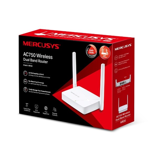 Фото Роутер Mercusys MR20 AC750 Dual-Band Wi-Fi RouterSPEED: 300 Mbps at 2.4 GHz + 433 Mbps at 5 GHzSPEC: 2× Fixed External Antennas, 2× 10/100 Mbps LAN Ports, 1× 10/100 Mbps WAN PortFEATURE: Router/Access Point Mode Mode, WPS/Reset Button, IPTV, IPv6, Parenta