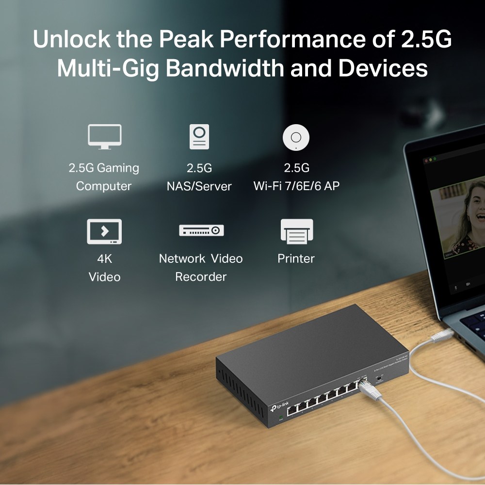Фото Коммутатор TP-Link 8-port Desktop 2.5G Unmanaged switch, 8 100/1G/2.5G RJ-45 ports, Fanless design, 12V/1.5A DC power supply.