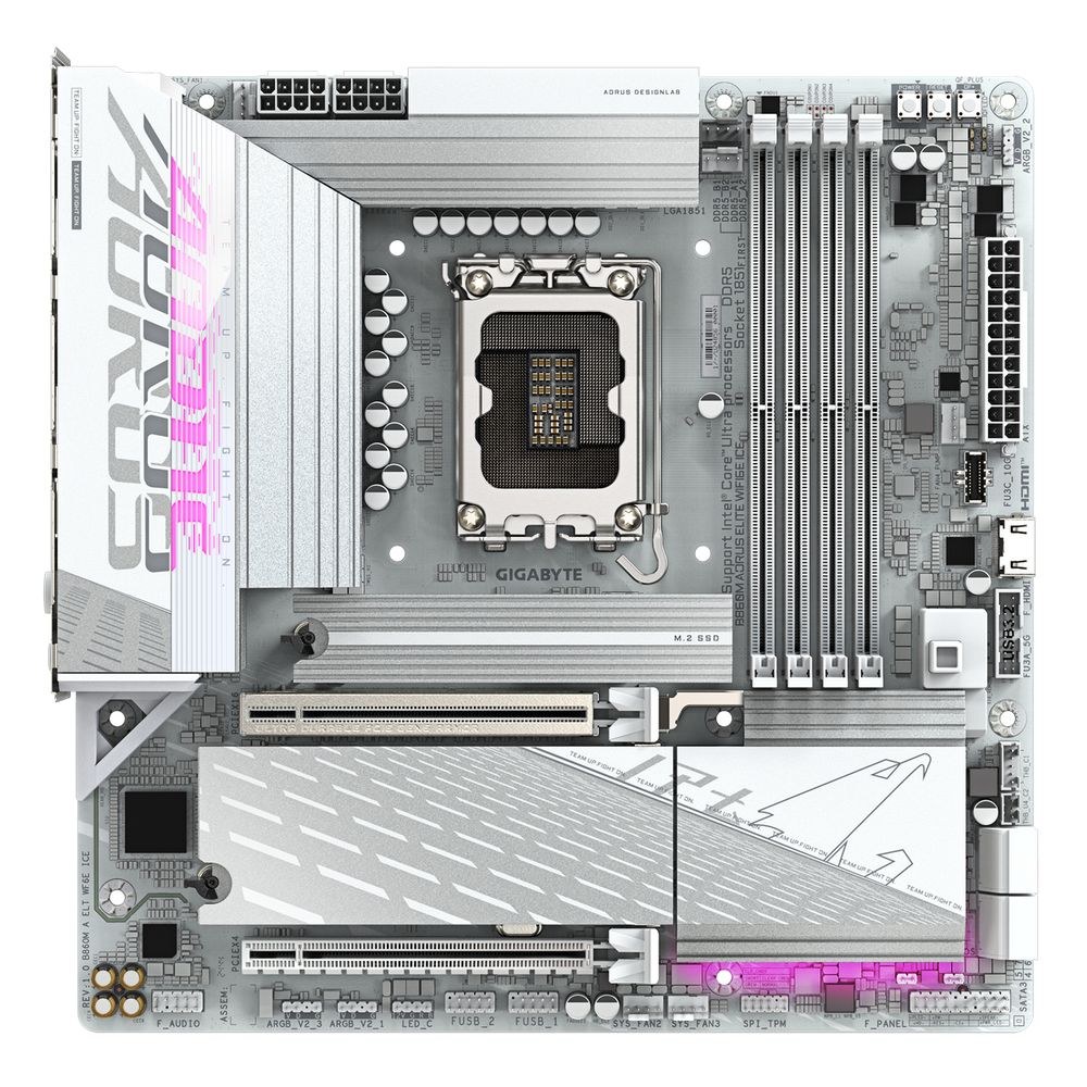 Фото Материнская плата Gigabyte B860M AORUS ELITE WIFI6E ICE, LGA1851, Intel B860, 4xDDR5, 4xSATA, 3xM.2, 1xPCIe 5.0 x16, 1xPCIe 4.0 x4, 1xDP, 2xHDMI, 1x2.5Gb LAN, Wi-Fi 6E, Bluetooth 5.3, 2xUSB-A 10Gbps (Gen2), 4xUSB-A 5Gbps, 4xUSB-A 2.0, 1xUSB-C 20Gbps (USB4
