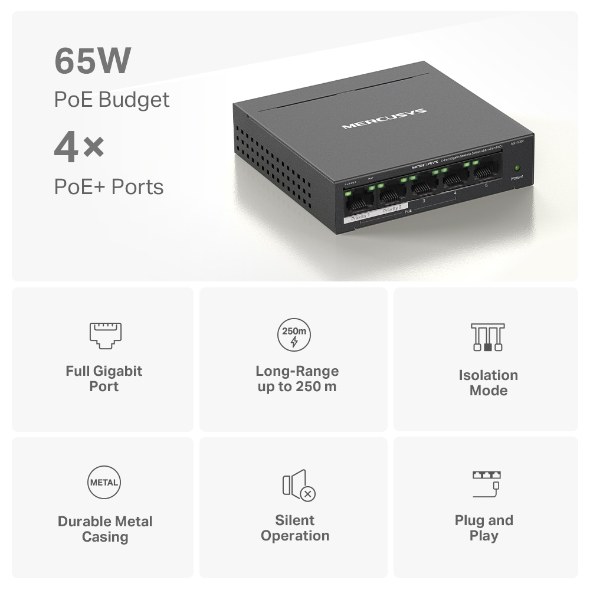 Фото Коммутатор настольный Mercusys MS105GP с 5 гигабитными портами (4 порта PoE+)