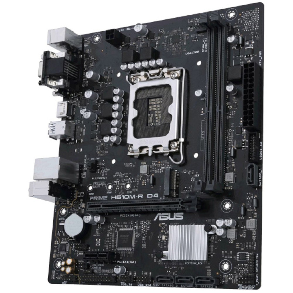 Фото Материнская плата ASUS PRIME H610M-R D4-SI, LGA 1700, Intel H610, 2xDDR4, 4xSATA, 1xM.2 PCIe 3.0 x4, 1xPCIe 4.0 x16, 1xPCIe x1, 1xHDMI, 1xDVI, 1xVGA, 2xUSB-A 2.0, 2xUSB-A 3.2 Gen 1, 1x 1Gb LAN, 3x3.5 мм, 7.1, mATX