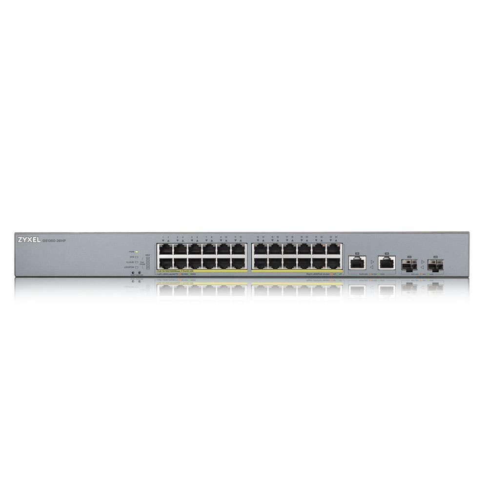 Фото Коммутатор Zyxel GS1350-26HP, 24xGE PoE+, 2xCombo (SFP/RJ-45), бюджет PoE 375 Вт, дальность передачи питания до 250 м, автоперезагрузка PoE-портов, повышенная защита от перенапряжений и электростатических разряд