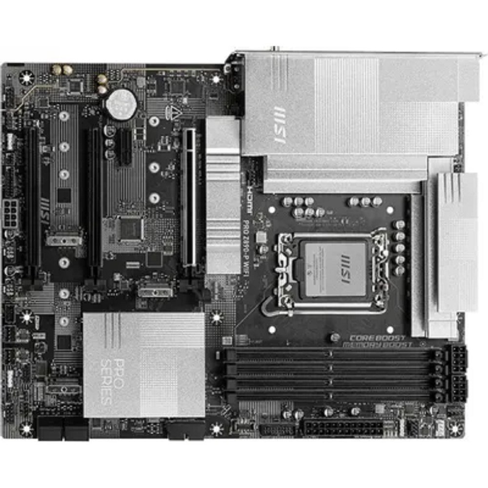 Фото Материнская плата MSI PRO Z890-P WIFI, LGA 1851, Intel Z890, 4xDDR5, 4xSATA, 4xM.2, 1xPCIe 5.0 x16, 2xPCIe 4.0 x4, 1xPCIe 3.0 x1, 1xHDMI, 1xDP, 1xUSB-C Thunderbolt 4, 1xUSB-C 3.2 Gen 2, 1x 5Gb LAN, 2xUSB-A 3.2 Gen 1, 1xUSB-A 3.2 Gen 2, 4xUSB-A 2.0, 3x3.5 
