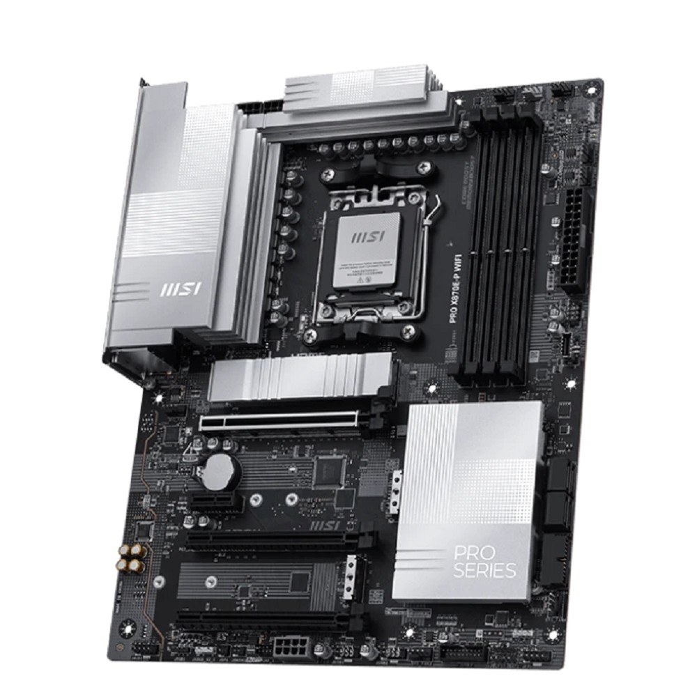 Фото Материнская плата MSI PRO X870E-P WIFI, AM5, AMD X870E, 4xDDR5, 4xSATA, 3xM.2, 1xPCIe 5.0 x16, 1xPCIe 4.0 x4, 1xPCIe 3.0 x1, 1xHDMI, 1x5Gb LAN, Wi-Fi 7, Bluetooth 5.4, 1xUSB-C 20Gbps, 1xThunderbolt 4, 2xUSB-A 10Gbps, 2xUSB-A 5Gbps, 4xUSB-A 2.0, 3x3.5 мм, 