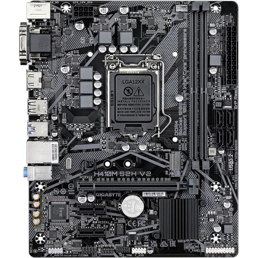 Фото Материнская плата Gigabyte H410M S2H V2 2.1, LGA 1200, Intel Q470, 2xDDR4, 4xSATA, 1xM.2, 1xPCIe 3.0 x16, 2xPCIe x1, 1xHDMI, 1xDVI-D, 1xVGA, 1x 1Gb LAN, 2xUSB-A 3.2 Gen 1, 4xUSB-A 2.0, 3x3.5 мм, 7.1, mATX