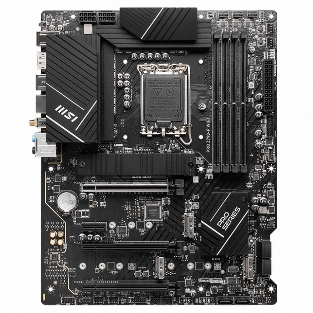 Фото Материнская плата MSI PRO Z790-P WIFI, LGA 1700, Intel Z790, 4xDDR5, 6xSATA, 4xM.2, 1xPCIe 5.0 x16, 1xPCIe 4.0 x16, 1xPCIe 3.0 x16, 1xPCIe x1, 1xHDMI, 1xDP, 1x2.5Gb LAN, 4xUSB-A 2.0, 2xUSB-A 3.2 Gen 1, 1xUSB-A 3.2 Gen 2, 1xUSB-C 3.2 Gen 2x2, 6x3.5мм, 7.1,