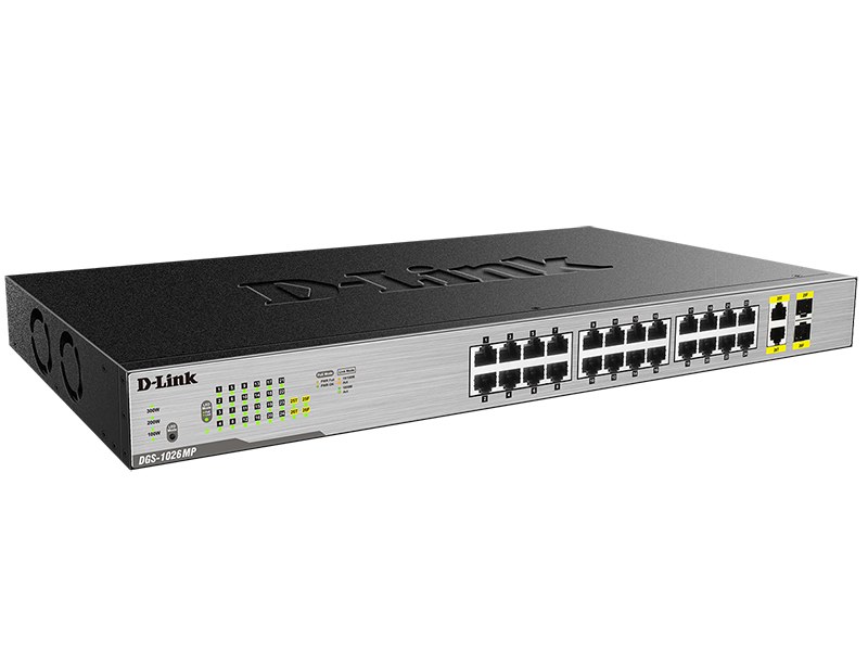 Фото Коммутатор неуправляемый D-Link DGS-1026MP/B2A с 24 портами 10/100/1000Base-T, 2 комбо-портами 100/1000Base-T/SFP (24 порта PoE 802.3af/at, PoE-бюджет 370 Вт)