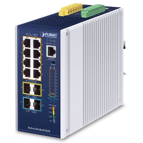 Фото Коммутатор PLANET IGS-6329-8UP2S2X IP30 DIN-rail Industrial L3 8-Port 10/100/1000T 802.3bt PoE + 2-port 1G/2.5G SFP + 2-Port 10G SFP+ Full Managed Switch (-40 to 75 C, 8-port 95W PoE++, 802.3bt/PoH/Force modes, DIDO, ERPS Ring, 1588 PTP TC, Modbus TCP, ON