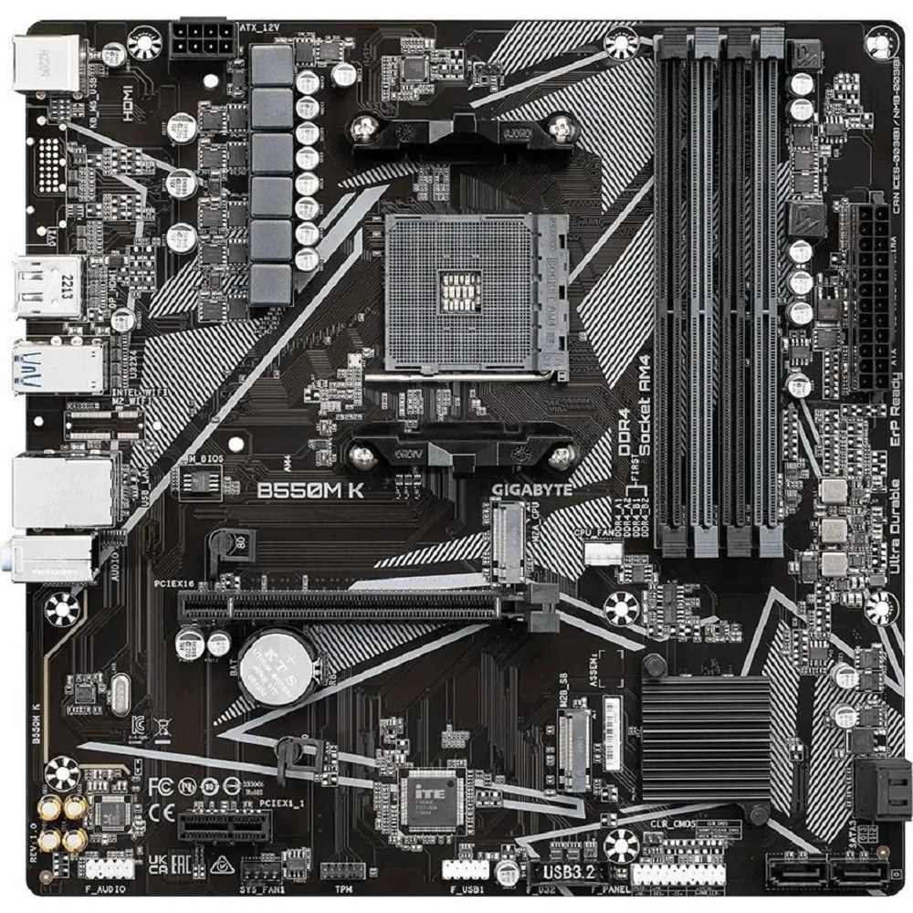 Фото Материнская плата Gigabyte B550M K, AM4, AMD B550, 4xDDR4, 4xSATA, 2xM.2, 1xPCIe 4.0 x16, 1xPCIe x1, 1xHDMI, 1xDP, 1x 1Gb LAN, 4xUSB-A 3.2 Gen 1, 4xUSB-A 2.0, 3x3.5 мм, 7.1, mATX