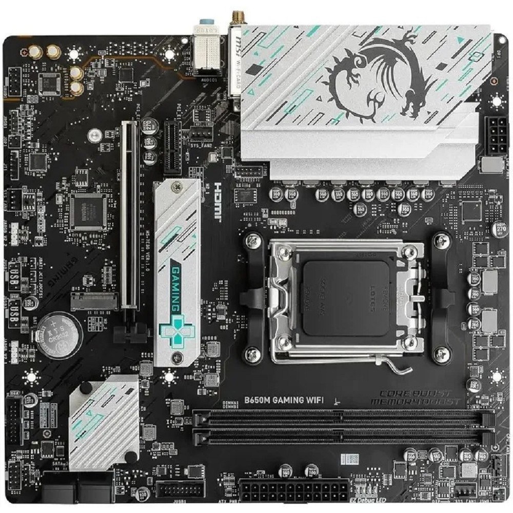Фото Материнская плата MSI B650M GAMING WIFI, AM5, AMD B650, 2xDDR5, 4xSATA, 2xM.2, 1xPCIe 4.0 x16, 1xPCIe 3.0 x1, 1xDP, 1xHDMI, 1x2.5Gb LAN, Wi-Fi 6E, Bluetooth 5.3, 1xUSB-C 5Gbps, 3xUSB-A 5Gbps, 2xUSB-A 2.0, 1xS/PDIF, 5x3.5 мм, 7.1, mATX