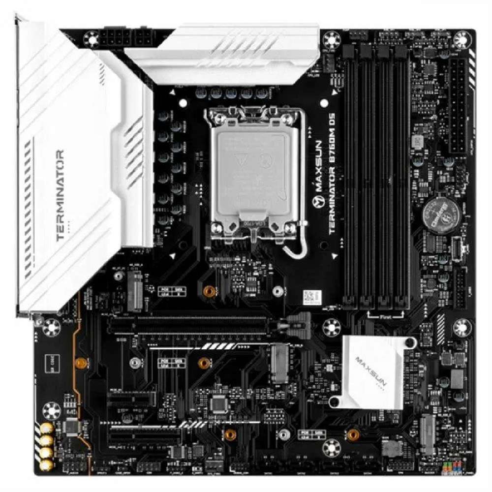 Фото Материнская плата Maxsun Terminator B760M D5 WIFI, LGA 1700, Intel B760, 4xDDR5, 4xSATA, 3xM.2, 1xPCIe 5.0 x16, 1xPCIe x4, 1xPCIe x1, 1xHDMI, 1xDP, 1x 2.5Gb LAN, 6xUSB 2.0, 2xUSB 3.2 Gen 2, 3x3.5 мм, 5.1, mATX