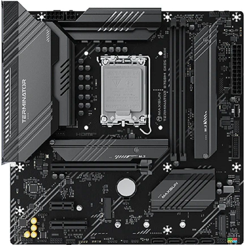 Фото Материнская плата Maxsun MS-Terminator B760M GKD5 DARK, LGA1700, Intel B760, 2xDDR5, 4xSATA, 3xM.2, 1xPCIe 4.0 x16, 1xPCIe 4.0 x4, 1xPCIe 3.0 x1, 1xHDMI, 1xDP, 1x2.5Gb LAN, 1xUSB-C 20Gbps, 2xUSB-A 10Gbps, 3xUSB-A 2.0, 3x3.5 мм, 7.1, mATX