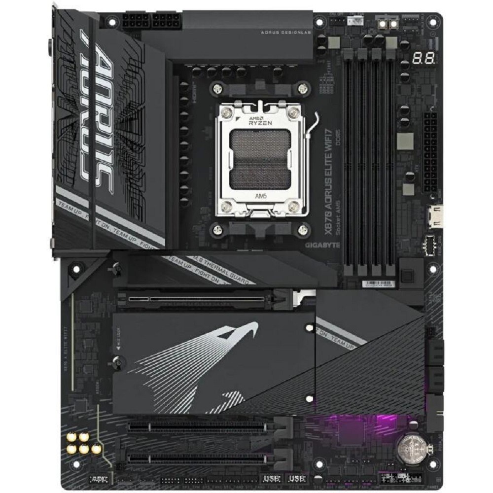 Фото Материнская плата Gigabyte X870 AORUS ELITE WIFI7, AM5, AMD X870, 4xDDR5, 4xSATA, 4xM.2, 1xPCI-E 5.0 x16, 1xPCI-E 4.0 x4, 1xPCI-E 3.0 x2, 1xHDMI, 1x 2.5Gb LAN, 4xUSB-A 3.2 Gen 1, 2xUSB-A 3.2 Gen 2, 4xUSB-A 2.0, 2xUSB-C 4.0, 2x3.5 мм, 7.1, ATX