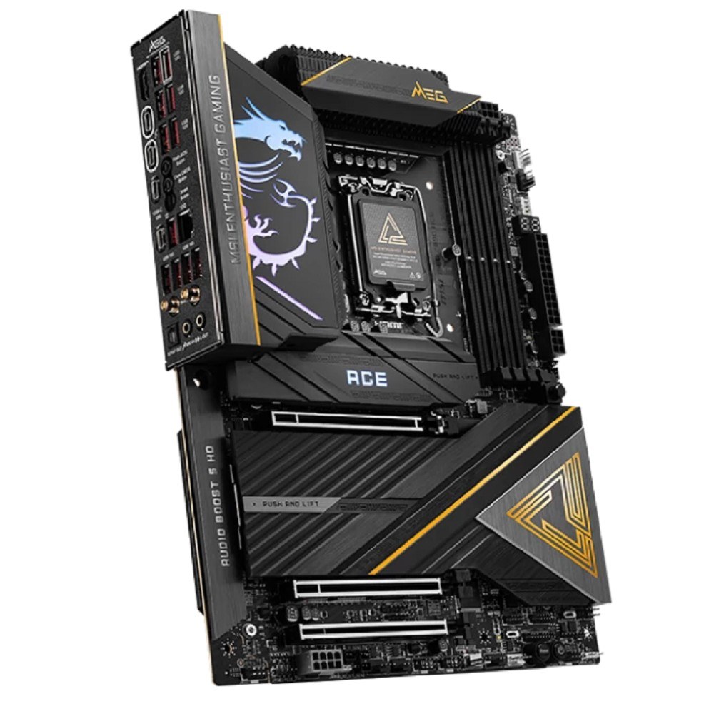 Фото Материнская плата MSI MEG Z890 ACE, LGA 1851, Intel Z890, 4xDDR5, 4xSATA, 5xM.2, 1xPCIe 5.0 x16, 1xPCIe 5.0 x8, 1xPCIe 4.0 x4, 1xHDMI, 1x 10Gb LAN, 11xUSB-A 3.2 Gen 2, 2xUSB-C 3.2 Gen 2, 2xThunderbolt 4, 2x3.5 мм, 7.1, ATX