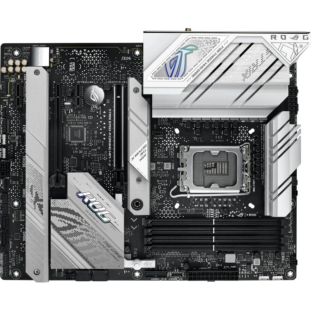 Фото Материнская плата ASUS ROG STRIX B760-A GAMING WIFI, LGA 1700, Intel B760, 4xDDR5, 4xSATA, 3xM.2, 1xPCIe 5.0 x16, 1xPCIe 3.0 x4, 1xHDMI, 1xDP, 1x 2.5Gb LAN, 1xUSB-A 3.2 Gen 2, 2xUSB-A 3.2 Gen 1, 4xUSB 2.0, 5x3.5 мм, 7.1, Standard-ATX