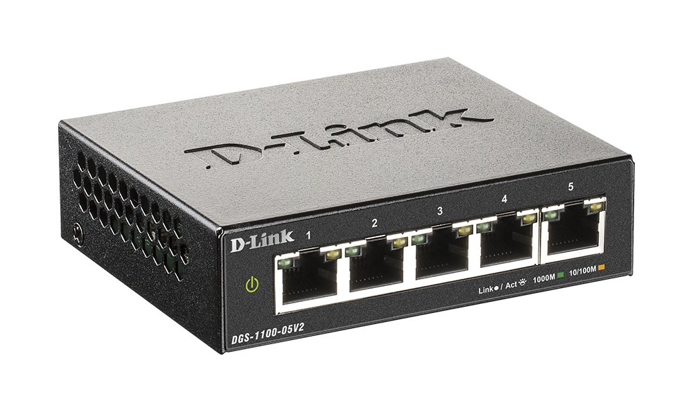 Фото Коммутатор D-Link DGS-1100-05V2/A1A, L2 Smart Switch with 5 10/100/1000Base-T ports.8K Mac address, 802.3x Flow Control, Port Trunking, Port Mirroring, IGMP Snooping, 32 of 802.1Q VLAN, VID range 1-4094, Loopba