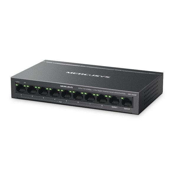 Фото Коммутатор настольный Mercusys MS110CMP с 8 портами PoE+ 10/100 Мбит/c и 2 гигабитными портами