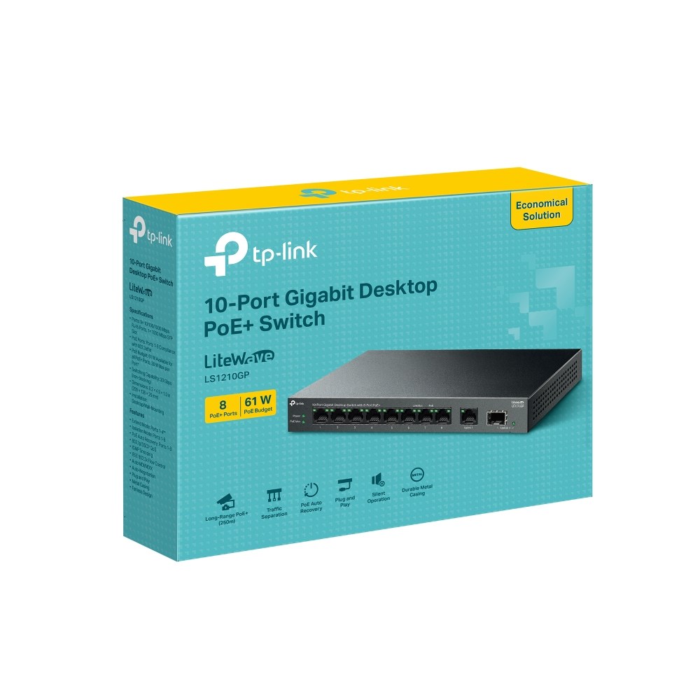 Фото Коммутатор настольный TP-Link LS1210GP с 9 гигабитными портами (8 портов PoE+) и портом SFP