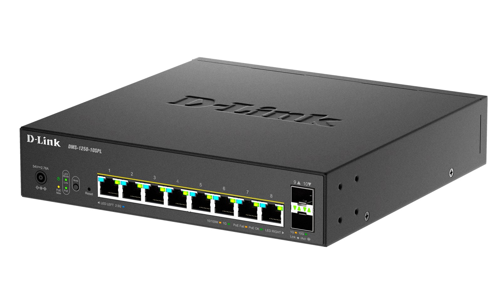 Фото Коммутатор D-Link DMS-1250-10SPL/A1A/6KV, 8×2,5 Гбит/с PoE (2×60 Вт PoE++) + 2×10 Гбит/с SFP+, управляемый