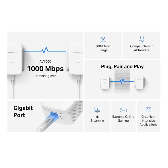 Фото Комплект гигабитных адаптеров Mercusys AV1000 Gigabit Powerline Kit, HomePlug AV2 standard, 1 Gigabit port, 300m over electrical circuits, plug and play.
