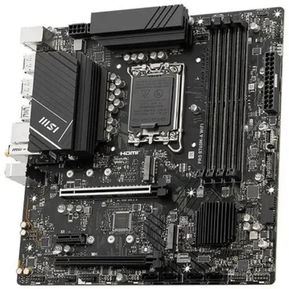 Фото Материнская плата MSI PRO B760M-A WIFI, LGA 1700, Intel B760, 4xDDR5, 4xSATA, 2xM.2, 1xPCI-E 4.0 x16, 1xPCI-E 4.0 x4, 2xHDMI, 2xDP, 1x2.5Gb LAN, 2xUSB-A 2.0, 2xUSB 3.2 Gen 1, 2xUSB 3.2 Gen 2, 3x3.5 мм, 7.1, Micro-ATX