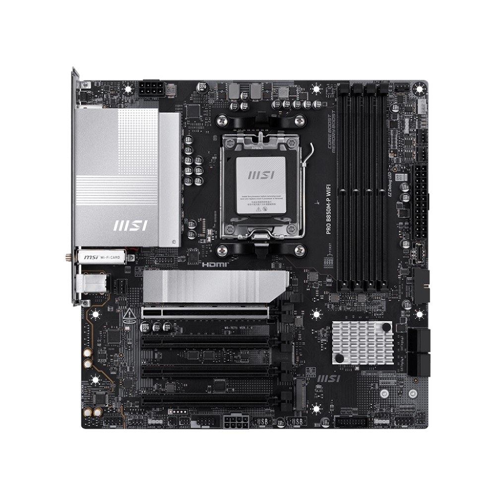 Фото Материнская плата MSI PRO B850M-P WIFI, AM5, AMD B850, 4xDDR5, 4xSATA, 3xM.2, 1xPCIe 5.0 x16, 1xPCIe 4.0 x4, 2xPCIe 3.0 x1, 1xHDMI, 2xUSB-C 10Gbps, 1xUSB-A 5Gbps, 1xUSB-A 10Gbps, 4xUSB-A 2.0, 2x3.5 мм, S/PDIF, 1x5Gb LAN, Wi-Fi 7, Bluetooth 5.4, 7.1, mATX