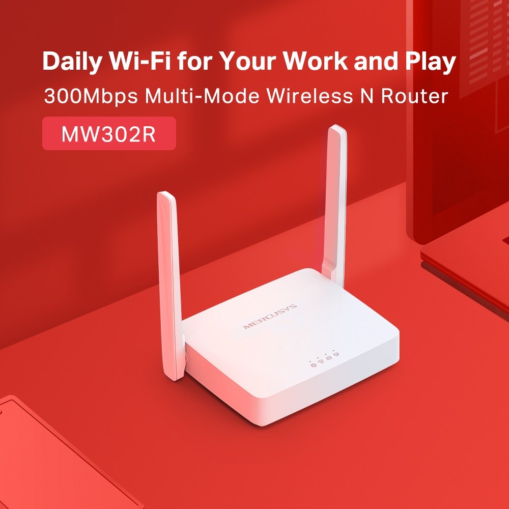 Фото Роутер Mercusys 300Mbps Multi-Mode Wireless N Router, 2× Fixed External Antennas, 2× 10/100 Mbps LAN Ports, 1× 10/100 Mbps WAN Port, FEATURE: Access Point Mode, WPS/Reset Button, IPTV, IPv6, Beamforming, MU-MIMO, Parental Controls, Guest Network