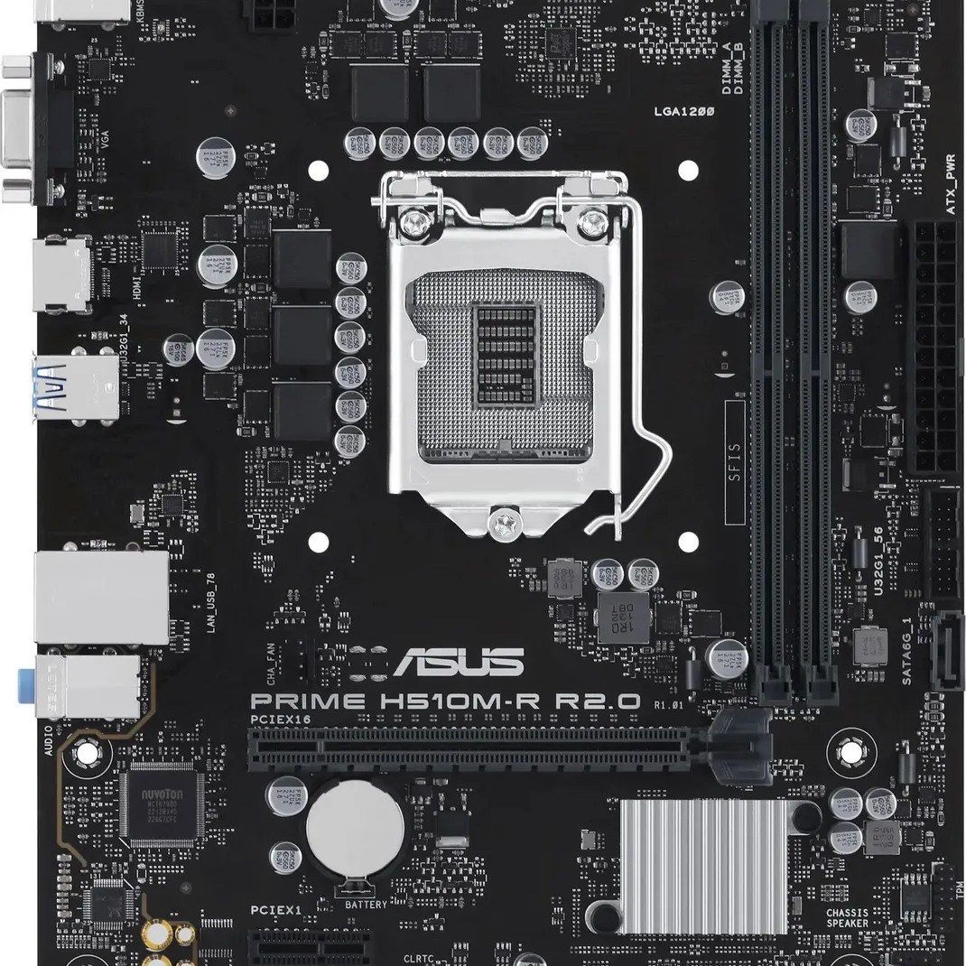 Фото Материнская плата ASUS PRIME H510M-R R2.0-SI, LGA 1200, Intel H470, 2xDDR4, 4xSATA, 1xPCIe 4.0 x16, 1xPCIe x1, 1xHDMI, 1xVGA, 2xUSB-A 3.2 Gen 1, 2xUSB-A 2.0, 1x 1Gb LAN, 3x3.5 мм, 7.1, mATX