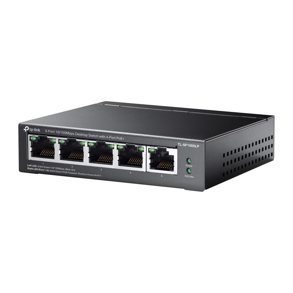 Фото Коммутатор 5-Port 10/100Mbps Unmanaged Switch with 4-Port PoE, meta case, desktop mount, PoE budget 41W.