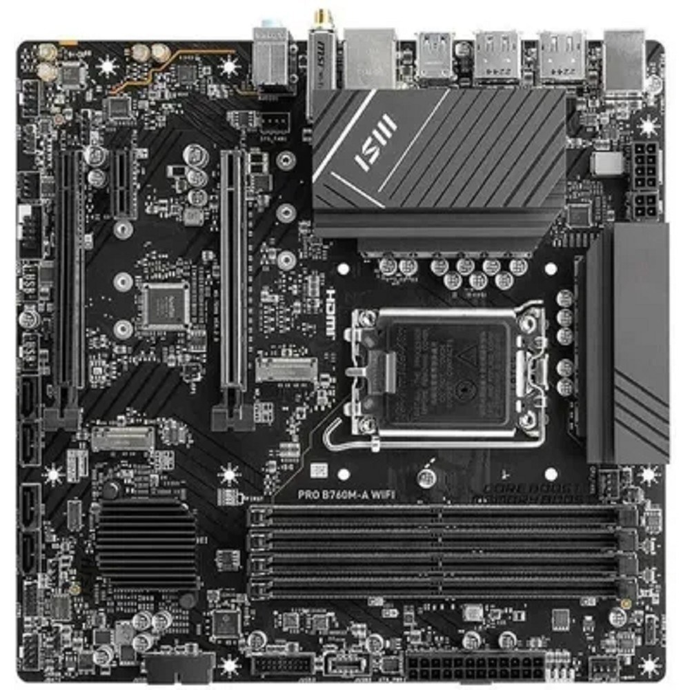 Фото Материнская плата MSI PRO B760M-A WIFI, LGA 1700, Intel B760, 4xDDR5, 4xSATA, 2xM.2, 1xPCI-E 4.0 x16, 1xPCI-E 4.0 x4, 2xHDMI, 2xDP, 1x2.5Gb LAN, 2xUSB-A 2.0, 2xUSB 3.2 Gen 1, 2xUSB 3.2 Gen 2, 3x3.5 мм, 7.1, Micro-ATX