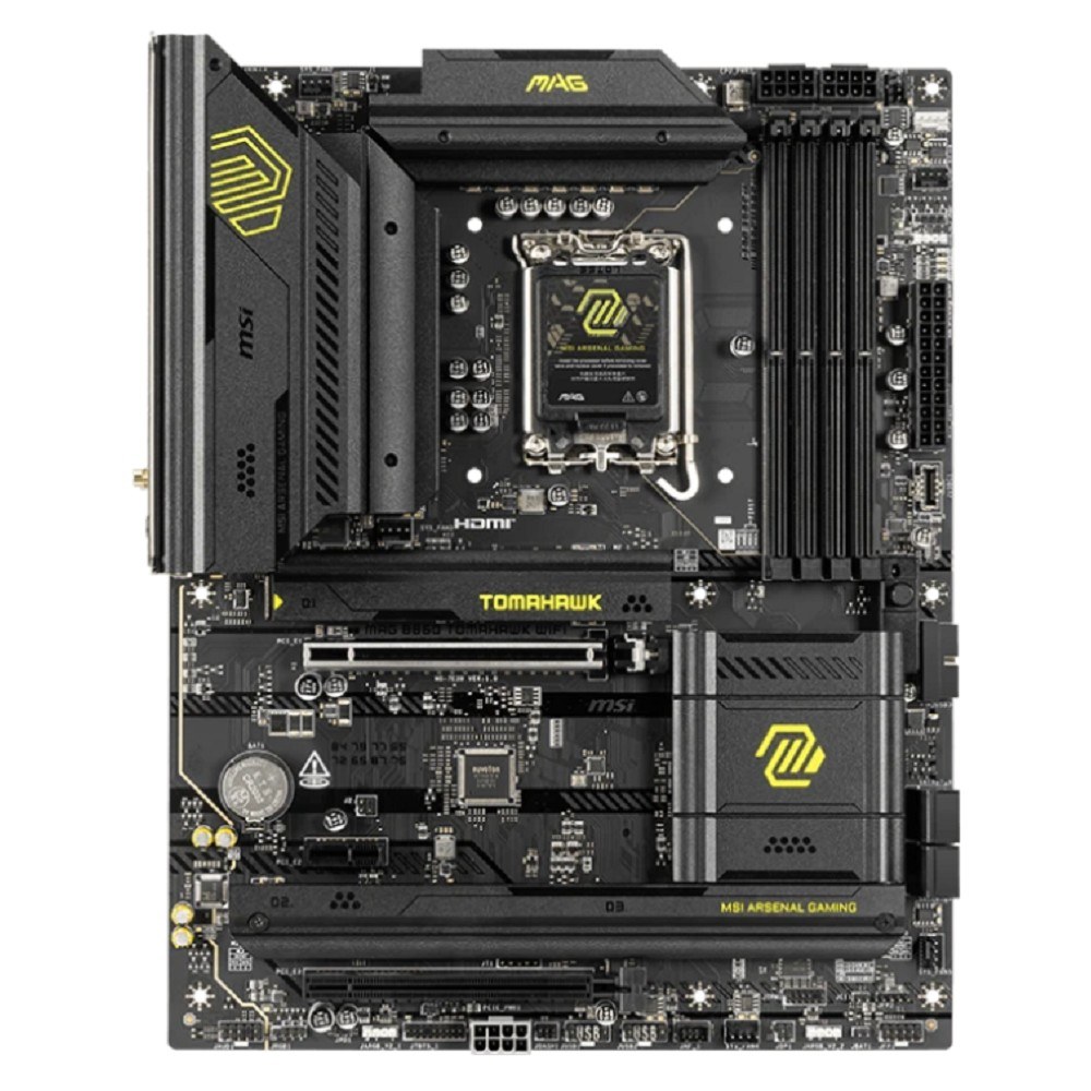 Фото Материнская плата MSI MAG B860 TOMAHAWK WIFI, LGA 1851, Intel B860, 4xDDR5, 4xSATA, 3xM.2, 1xPCIe 4.0 x4, 1xPCIe 5.0 x16, 1xDP, 1xHDMI, 1xUSB-C, 1x 5Gb LAN, 4xUSB-A 2.0, 4xUSB-A 3.2 Gen 2, 7.1, 2x3.5 мм, TOSLINK, ATX