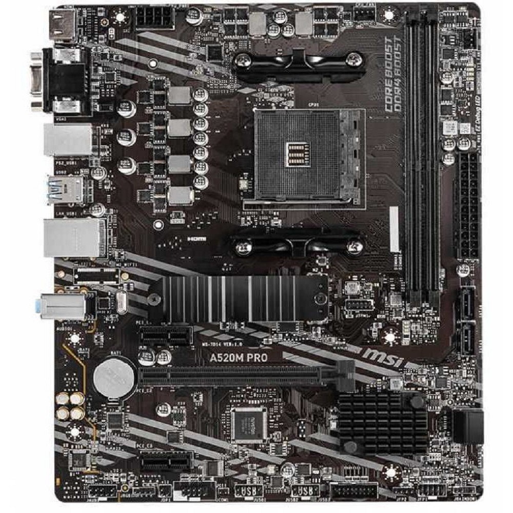 Фото Материнская плата MSI A520M PRO, AM4, AMD A520, 2xDDR4, 4xSATA, 1xM.2, 1xPCIe 3.0 x16, 1xVGA, 1xDP, 1xHDMI, 1x 1Gb LAN, 2xUSB 2.0, 4xUSB 3.2 Gen 1, 3x3.5 мм, 7.1, mATX