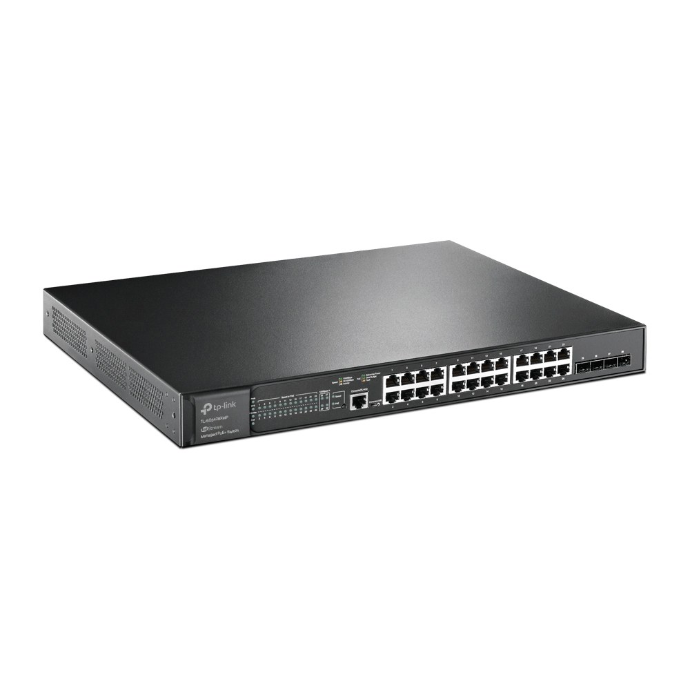 Фото Коммутатор TP-Link 24-port Gigabit Managed PoE switch with 4 10G SFP+ ports, support 802.3af/at PoE, 1 console port, 19-inch rack mount, support L2/L2+ features.