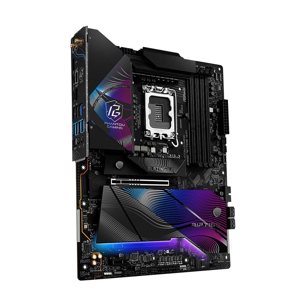 Фото Материнская плата ASRock Z890 Riptide WiFi, LGA 1851, Intel Z890, 4xDDR5, 4xSATA, 5xM.2, 1xPCIe 5.0 x16, 1xPCIe 4.0 x16, 1xPCIe x1, 2xUSB-C Thunderbolt 4, 4xUSB-A 3.2 Gen 1, 1xUSB-A 3.2 Gen 2, 1xHDMI, 1x2.5Gb LAN, 4x3.5 мм, 7.1, ATX