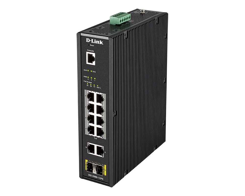 Фото Коммутатор D-Link DIS-200G-12PS/A2A, 10×1 Гбит/с (8 PoE+) + 2×1 Гбит/с SFP, управляемый