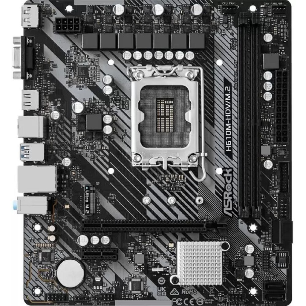 Фото Материнская плата ASRock H610M-HDV/M.2 R2.0, LGA 1700, Intel H610, 2xDDR4, 4xSATA, 1xM.2, 1xPCIe 4.0 x16, 1xPCIe x1, 1xDP, 1xHDMI, 1xVGA, 1x 1Gb LAN, 2xUSB-A 3.2 Gen 1, 4xUSB 2.0, 3x3.5 мм, 7.1, mATX