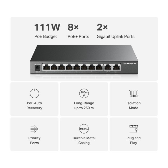 Фото Kоммутатор 10-портовый гигабитный настольный Mercusys MS110GMP с 8 портами PoE+